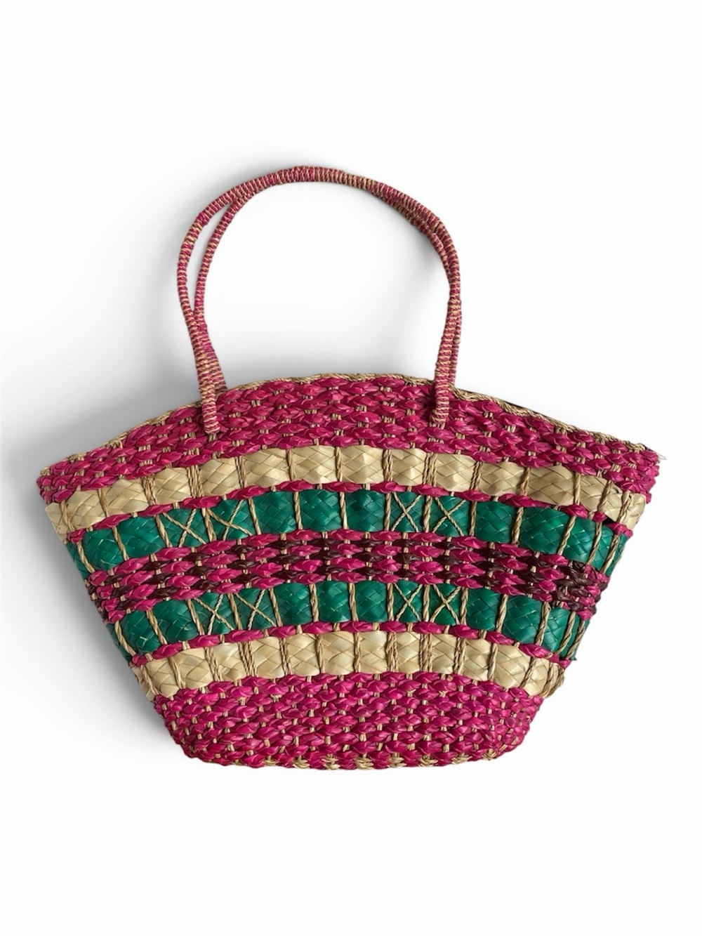 Artisan Woven Straw Tote Bag in Pink, Green Raffia